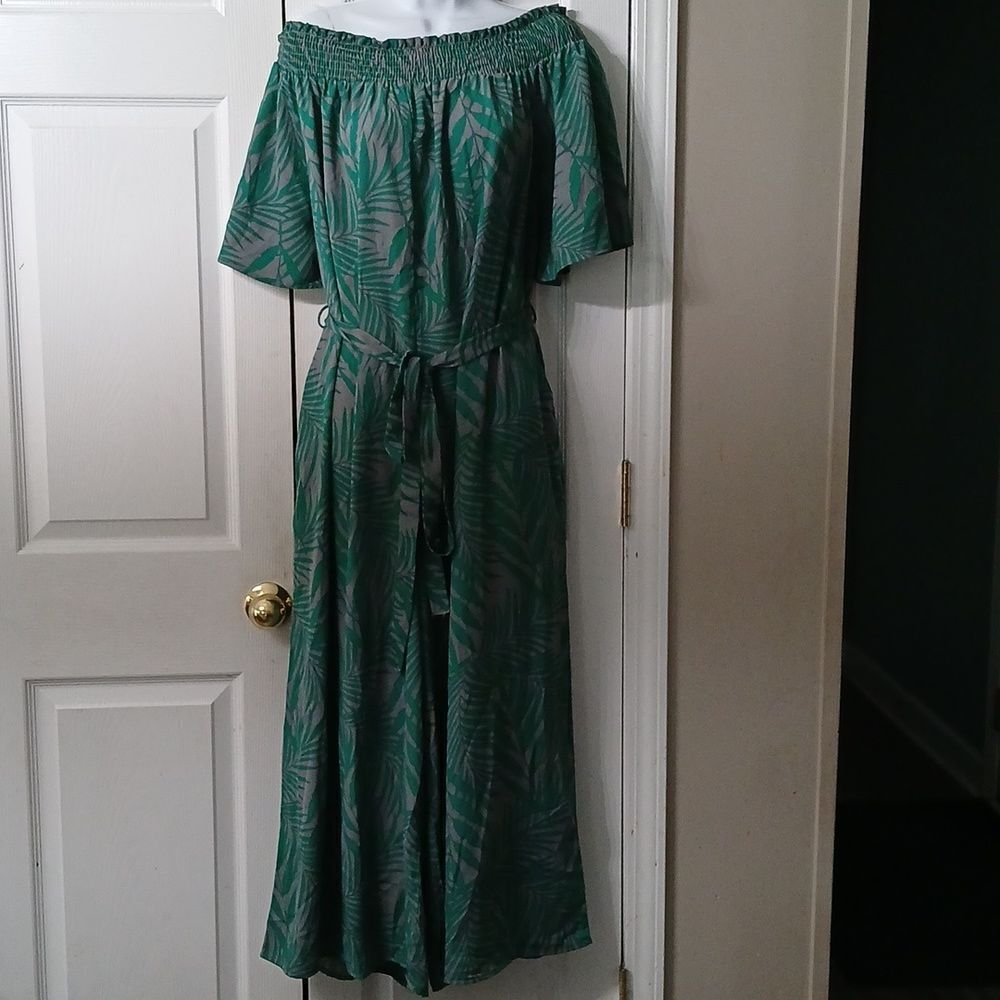 Oddy green gray off the shoulder fern printed wide leg belted jumpsuit  Sz 2XL